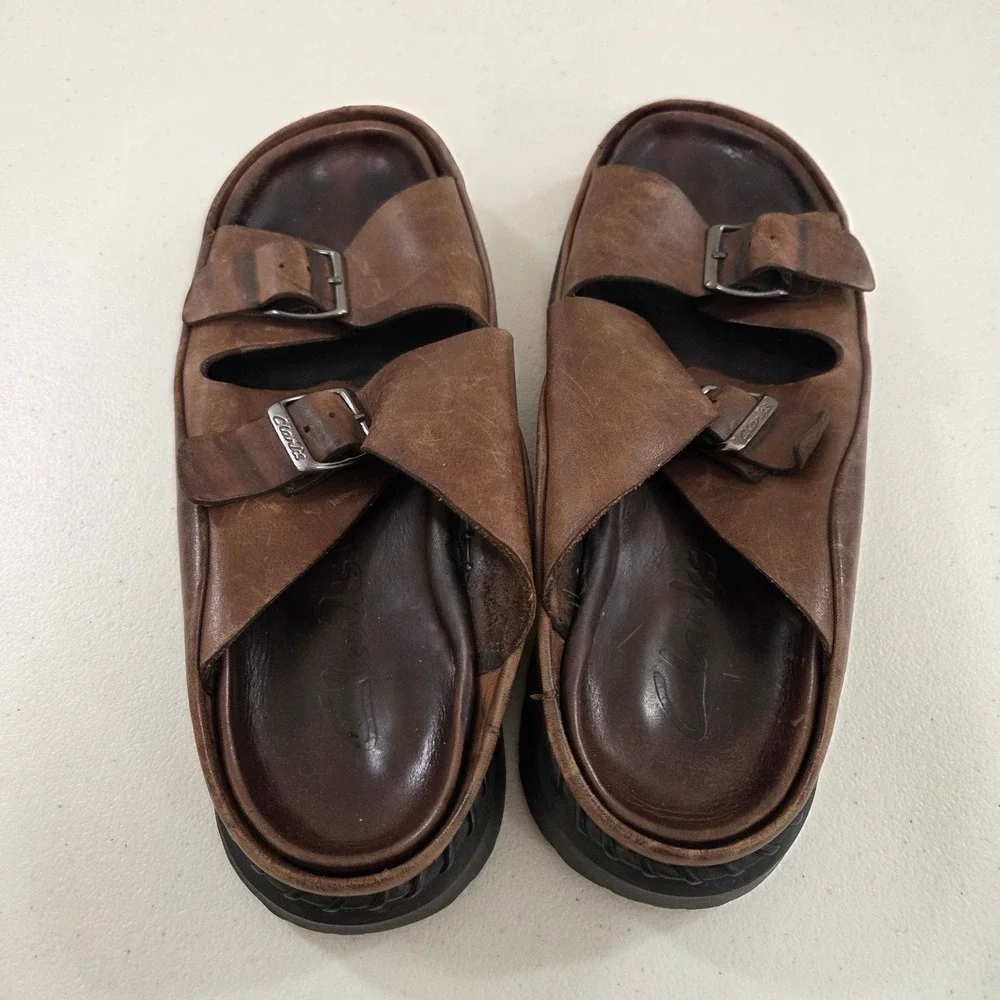 Clarks Mens Brown Leather Double Buckle Slide Sandals Lug Sole Gorpcore 9